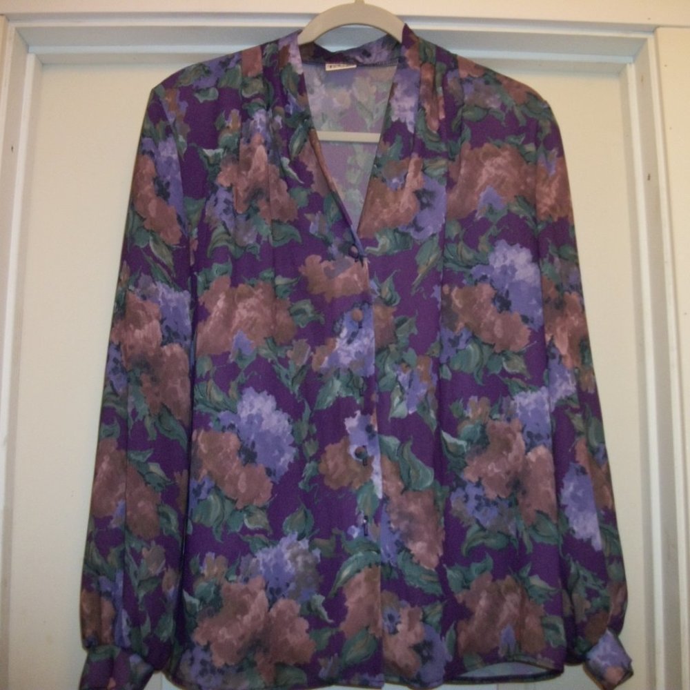 GIRLIE GIRL OFFICE SIREN VINTAGE PRETTY IN PURPLES 80S 90S BLOUSE LG